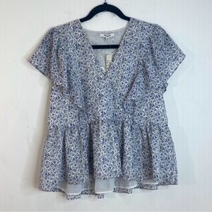 Madewell Blue & Off-White Cap Sleeve Peplum Fold Snap Front Top Size-M